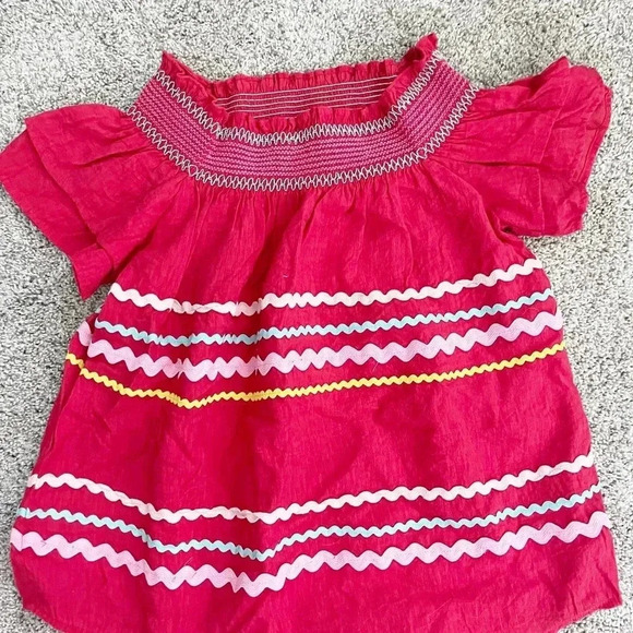 Vici Dolls Women's Zigzag Smocked Neck Short Sleeve Ruffle Blouse Top Red Small - Picture 2 of 9